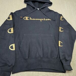 Y2K Champion Reverse Weave Hoodie Men Small Black Gold Sleeve Hit Athleisure